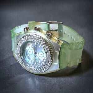 Geneva Quartz Watch Green Plastic Rhinestone Bezel Dial Faux Chronograph Works